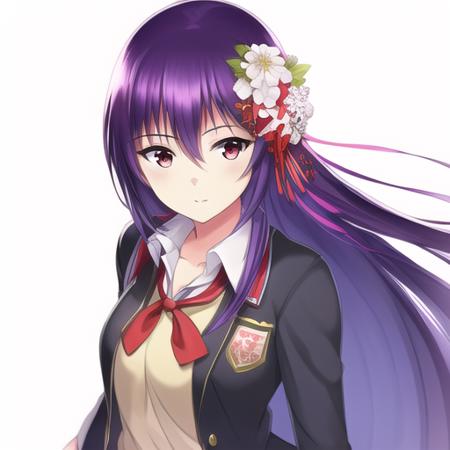 <lora:kasumi:1>, best_quality, high quality, 1girl, purple hair, red eyes, long_hair, school uniform, white background, hair_ornament, hair_flower, open clothes, looking at viewer