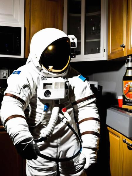 In an ordinary suburban kitchen, the astronaut:1.2 brews a cup of coffee:1.1, the steam rising from the mug:1.15 as they prepare for the day. , <lora:Astro_Life:0.8>