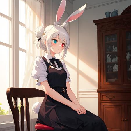 1girl, solo, room, ((masterpiece)), best quality, perfect face, (perfect anatomy), extremely detailed, rabbit girl, rabbit ears, (white ears), rabbit tail, heterochromia, narrowed hair, hair bun, short hair, magic, sitting on a chair, looking away