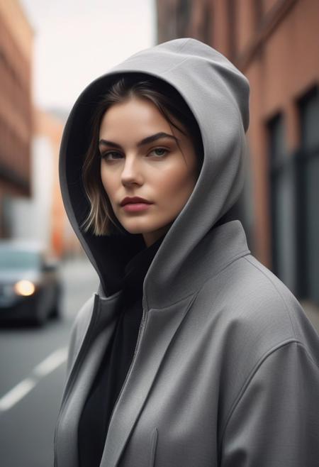 Parameters: 8k, hyper-realistic, cinematic quality, photorealistic, black-and-white photography, HDR, soft natural lighting, fine texture detail, editorial composition, urban casual atmosphere, matte finish.
Subject: Minimalist Grace, a female model with a short, tousled haircut wearing a graphic hoodie layered under an oversized tailored coat. She accessorizes with bold hoop earrings, her playful and candid expression captured as she adjusts her hood, exuding effortless charm and street-style sophistication.
Instructions: Create a black-and-white editorial portrait set in an urban street environment with a soft focus on the background. The composition should highlight the layers and textures of the outfit, blending casual and structured elements. Utilize natural, diffused lighting to emphasize the model’s joyful expression and the bold typography on the hoodie for a dynamic, relatable aesthetic.
Style Reference: Inspired by contemporary streetwear campaigns and urban fashion editorials, blending casual confidence with refined layering for a modern, approachable look.
Camera Settings: Canon EOS R5, 50mm f/1.8 lens, ISO 400, f/2.5 aperture, 1/250 shutter speed, natural soft lighting emphasizing details while maintaining a candid, authentic vibe.