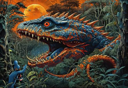 style of Mati Klarwein, EnhanceImage, highly detailed, ultra detailed, high quality, sharp image, bright orange gray blue forest background, rich shadows and bright highlights, close up view, elaborate illustration long segmented serpent monster, (mouth open snarling teeth), horror, light shining through, transparent fins and spikes