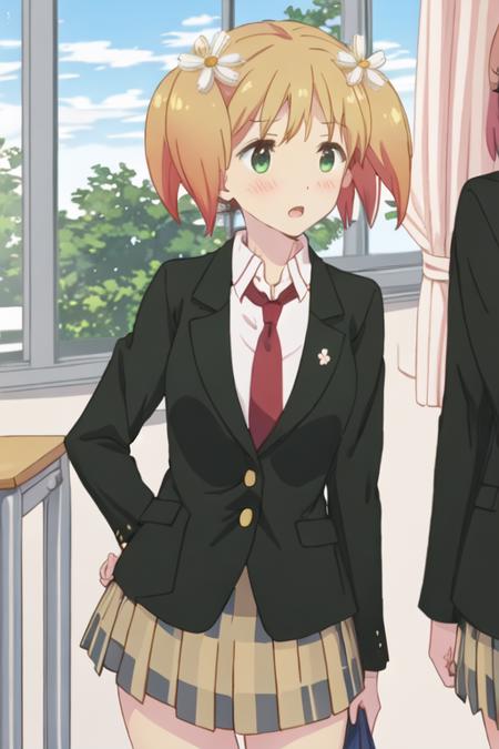 best quality, masterpiece, highres, solo, {yuu_sonoda_sakuratrick:1.15}, blonde_hair, blush, flower, hair_ornament, hair_flower, twintails, short_hair, green_eyes, 1girl, necktie, open_mouth, school_uniform, parody