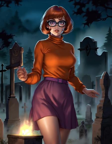 comic breathtaking (sdxlvelma:1.2) holding a torch in a graveyard by night, (sdxlvelma:1.2), graveyard, detailed, realistic, 8k uhd, high quality