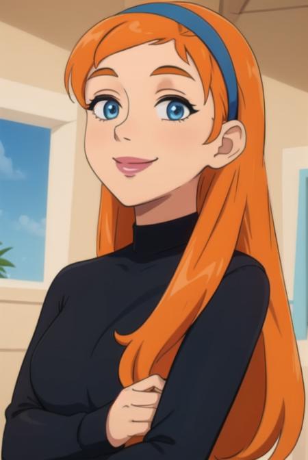 <lora:jasmine_fenton:0.6>, jasmine fenton, masterpiece, best quality, 1girl, solo, orange hair, long hair, smile, blue eyes, hairband, looking up, upper body, black shirt, long sleeves,