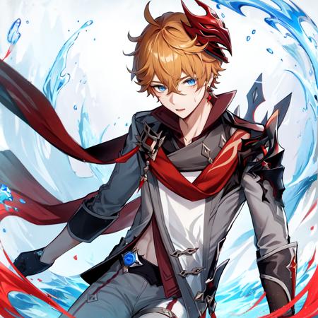 1boy, solo, orange hair, short hair, mask on head, red mask, grey coat, mask, half gloves, red scarf, single red earrings, tartaglia \(genshin impact\), grey pants, blue eyes, ruby on scarf,  water, detail, super ditail skin, leg ring, stand,
masterpiece, best quality, <lora:tartagliav5:0.75>,, masterpiece, best quality,