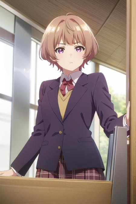 hanabinatsubayashi, <lora:hanabi natsubayashi s1-lora-nochekaiser:1>,
hanabi natsubayashi, short hair, brown hair, (pink eyes:1.2),
BREAK skirt, shirt, long sleeves, school uniform, jacket, white shirt, pleated skirt, necktie, collared shirt, plaid, plaid skirt, blazer, red necktie,
BREAK indoors, classroom,
BREAK looking at viewer,
BREAK <lyco:GoodHands-beta2:1>, (masterpiece:1.2), best quality, high resolution, unity 8k wallpaper, (illustration:0.8), (beautiful detailed eyes:1.6), extremely detailed face, perfect lighting, extremely detailed CG, (perfect hands, perfect anatomy),