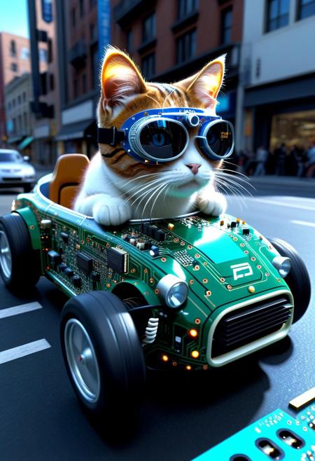 TzigoCBS, (made of CircuitBoard:1.3), from side, from below, cute small classic sports car made of CircuitBoard, cat driving, wear round goggles, wear animal ears helmet, run through on city street, blue sky, cinematic, cinematic lighting, (masterpiece, best quality:1.4), ultra-high res, 4k, Photorealistic, insanely detailed, sfw,