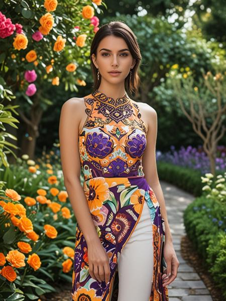 a sleek, modern turkish model with intricate patterns and patterns adorns the center of a serene garden. The turkish model is a swirling mass of colors, ranging from deep purples to soft yellows and oranges, blending seamlessly into the surrounding flowers and foliage. The model's body is a soft, velvety layer, and its eyes seem to follow your every move. The garden is filled with blooming flowers and lush greenery, adding to the serene atmosphere.