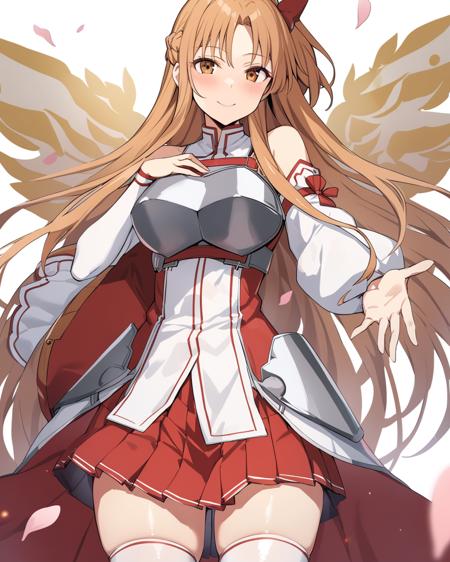 masterpiece, best qualityï¼ <lora:asuna:1>ï¼1girl, asuna_\(sao\), long_hair, solo, thighhighs, red_skirt, skirt, smile, brown_hair, looking_at_viewer, brown_eyes, white_thighhighs, breastplate, detached_sleeves, weapon, pleated_skirt, sword, armor, white_sleeves, white_background, very_long_hair, hand_on_own_chest, braid, flower, petals, long_sleeves, miniskirt, sheath, sheathed, bare_shoulders, zettai_ryouiki, outstretched_hand, bangs, shiny_hair, blurry, outstretched_arm, blush, dress, closed_mouth, simple_background, belt