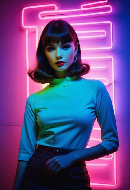 poster image, half body, 1girl,  1960's style, Mod Fashion Icon, Shadow art, full-length shot of girl at 25 years old, atmosphere of neon lights