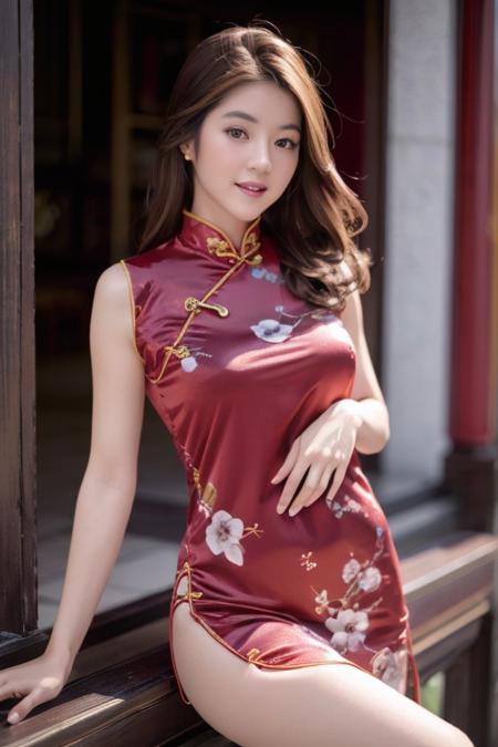 , (8k, RAW photo, best quality, masterpiece:1.2), (realistic, photo-realistic:1.37), ultra-detailed,(detailed beautiful girl:1.4), 

Girl_in_cheongsam, red cheongsam ,cute, smile, face,hair in bun,,slender body, ancient chinese style garden, huge breast, erotic, sexy

, medium breasts, , wavy hair,  detailed skin texture, detailed cloth texture, beautiful detailed face,

<lora:TWGirlInCheongsamMix1:0.3> <lora:Vonzy-Kanpiro:0.7>