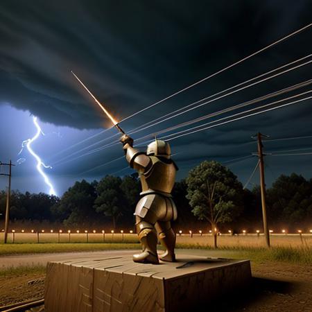 Wooden knight shooting lightning from his hands at power poles, 8k extreme detail, Outside, standing next to a metal machine, realistic, perfect, no mistakes,