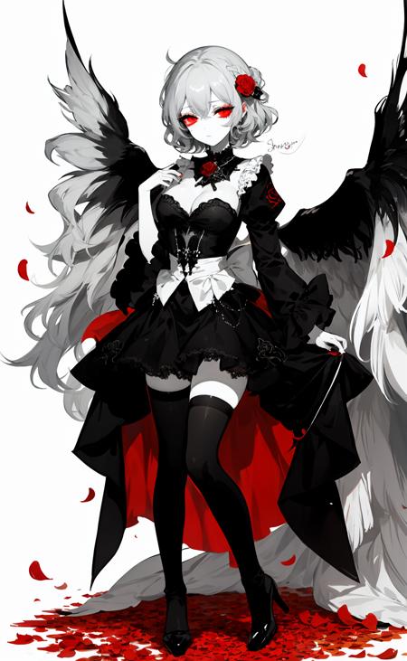 sumikakushi,limited palette,
sumikakushi, 1girl, solo, flower, red eyes, kishin sagume, thighhighs, rose, breasts, high heels, cleavage, wings, wide sleeves, single wing, bow, white background, feathered wings, short hair, braid, medium breasts, black thighhighs, looking at viewer, petals, simple background, french braid, long sleeves, thighs, signature, thorns, nail polish, fire, hair between eyes, full body, red flower, rose petals
<lora:sumikakushi:1>