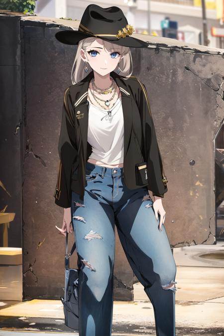 solo, masterpiece, best quality, highly detailed,1girl ,full_body,necklace,jacket,hat,jeans <lora:EileenV2_1.0+animeStyleMixLora_0.8_MIDD:1>,whilte_hair,earrings,necklace,hand_over_mouth