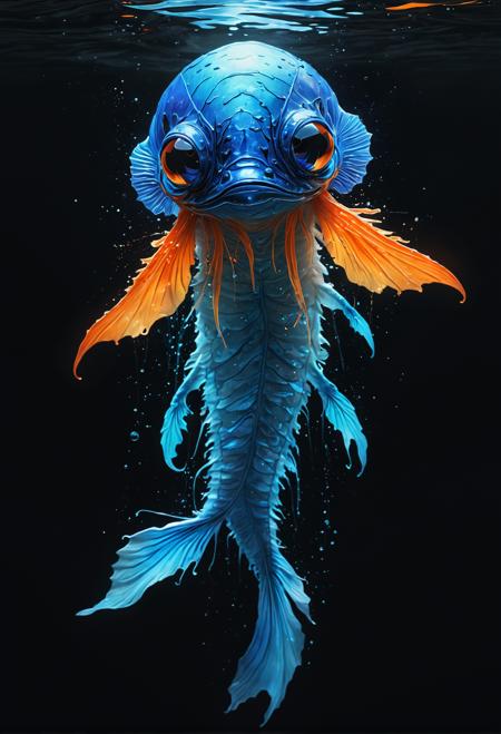 Meet the Luminawing: a bioluminescent, iridescent creature that dwells in the depths of the ocean. Its body shimmers with colors like electric blue, radiant silver, and fiery orange, suspended in mid-water like a spectral apparition.  Camera angle: overhead shot, showcasing the creature's ethereal beauty from above.  Drawing style: Digital Painting, Watercolor, Impressionism. (3 words)  Luminawing's bio-luminescence glows with a soft, pulsing light, casting an otherworldly glow on the surrounding water. The camera captures every detail in stunning 4K resolution, with textures so fine they appear to shift like the creature itself.  Prompt: Capture the essence of this mystical being in ultra-high definition.