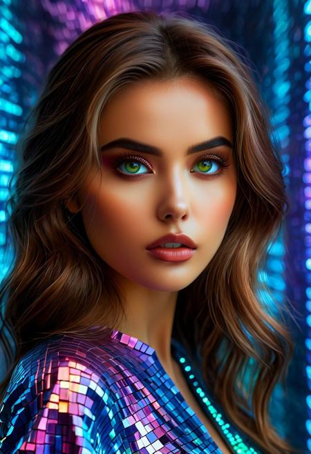 perfection style, perfection, perfect, perfecteyes, Style-Volumetric, UnrealisticDream, (8k, RAW photo, highest quality), (detailed eyes:1.3), soft lighting, photo, cinematography, high resolution, 8k, perfect composition, fine detail, beautiful woman, (4n4ch484n-r, woman, brown hair, brown eyes, detailed eyes),
"A hyper-realistic portrait of a stunning female influencer set in a simulated world, with incredible attention to detail in her sparkling eyes and flawless skin. Her captivating gaze draws the viewer in, while the smooth texture of her skin glows with a surreal radiance. 
The background glitches subtly, with pixelated fragments and distorted patterns cascading like digital ripples, giving the impression of a fractured virtual environment. Iridescent hues of blue, purple, and neon green shimmer in the surrounding simulation, adding a futuristic and otherworldly aesthetic. 
Her expression is calm yet enigmatic, as if she is fully aware of the digital reality unraveling behind her. Small, dynamic glimmers of light dance around her figure, suggesting a blend of human warmth and digital artistry. The overall composition feels immersive and intriguing, blurring the line between reality and the simulated world."