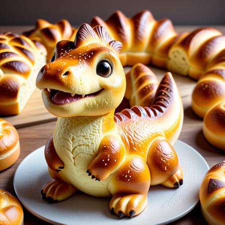 soft lighting, warm tones, whimsical, charming, fun, detailed, delicious, dinosaur made of bread, cute brioche texture, shiny crust, smiling, squishy appearance, adorable creature, fluffy tail, round shapes, baked goods, kawaii, chibi proportions
