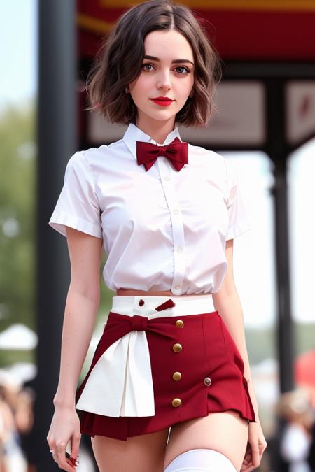 photo of a woman, ellahunt:0.99,((short hair):1.2) ((bowtie, white shirt, skirt, thighhighs):1.2), ((cowboy shot, waist, hips, thighs):1.2),((walking, outdoors, festival, carnival):1.2),((red lipstick,heavy eyeliner, heavy eye shadow, blush):1.2), ((best quality, masterpiece, extreme details, high resolution):1.2),((detailed eyes, beautiful eyes, detailed face, beautiful face):1.2)