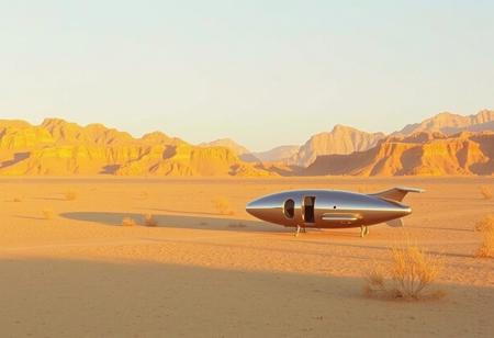 avant-garde, retro futurism , gold and chrome, daylight, california desert, 1970s, robert T, techno style