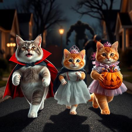 Ultra realistic. white grey brown happy cat with a vampire costume, a small hamster with hero costume,  a orange cat on a princess costume carring a carved pumpkin with candies,  walking on a suburban street, trick or treating houses, midnight light, shadows of real monsters behind them