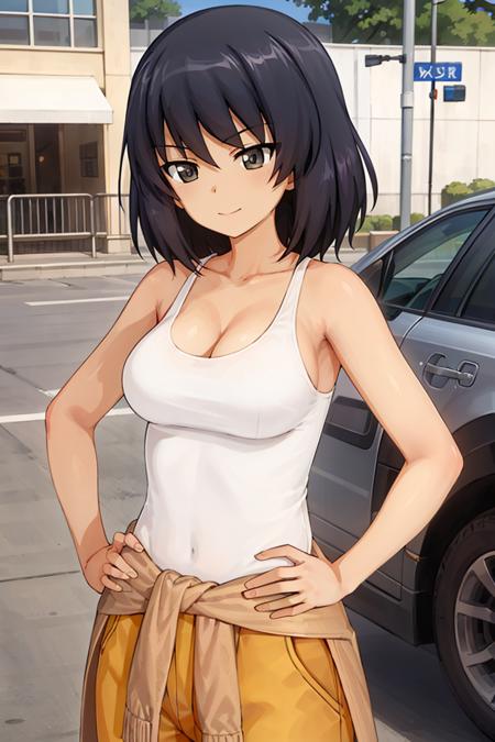 masterpiece, best quality, 1girl, solo, girls und panzer, hoshino, white tank top, jumpsuit, clothes around waist,hands on hips, cowboy shot, outdoors, parking lot, blue sky <lora:Hoshino:0.6>