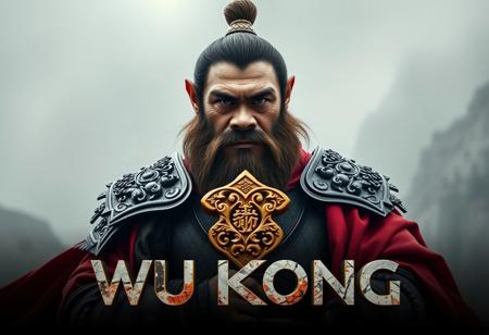 Panoramic view cinematic photo, a text title movie poster "WU KONG",game of thrones poster，The Monkey King in the classic Chinese myth Journey to the West，features a bearded man in armor holding a gold stick carved with classical Chinese textures，In a red cape，front view，(full_shot:1.3),  light fog, highly detailed, parody movie poster, a digital movie poster illustration,
