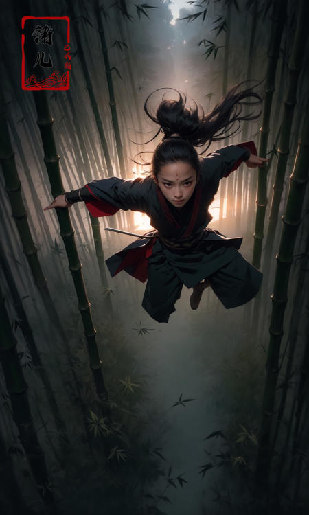 To shoot from above.  art by Zao Wou-kiextreme close - up, focus on face, A woman in Hanfu, wearing a white transparent veil Chinese swordsman floats over the bamboo forest and stretches his body, sologopro photography, enemy falling to the ground, ancient Chinese bamboo forest in the background, concept art
QingKung1girl( super vista, super wide Angle:1.6)(horizon:1.3), (Dusk, sunset:1.5)
<lora:~Q?-{R Qing Kung:0.8>