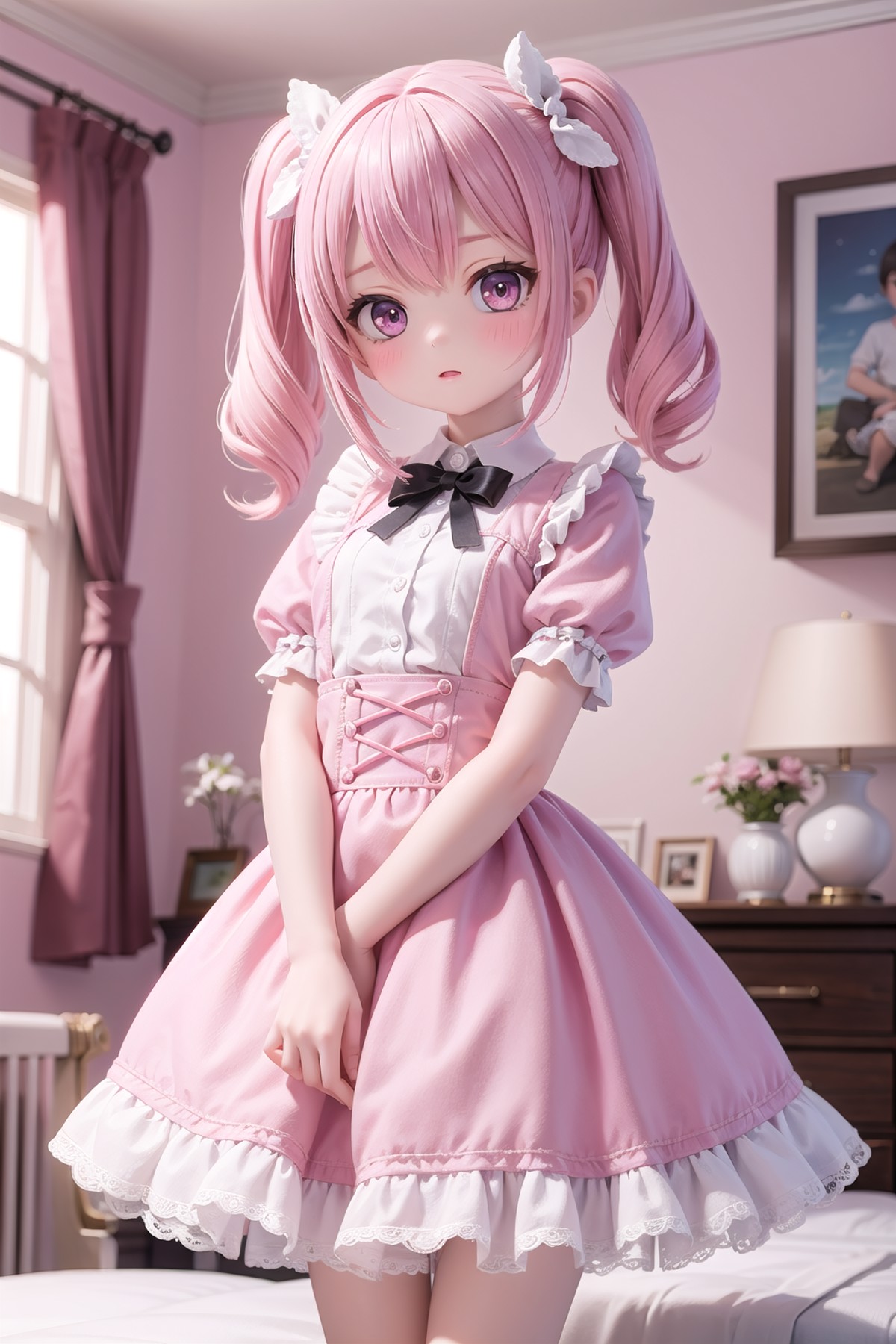 (masterpiece),  pink theme,  bedroom,  1girl,  frills,  puffy sleeves,  frilled skirt,  1girl,  lace trim
