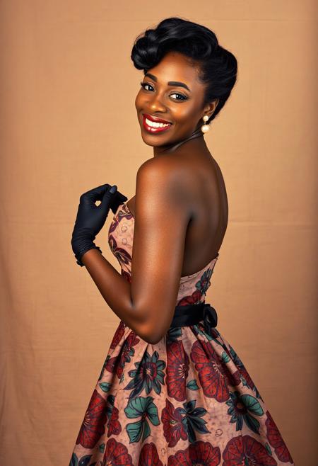 (style of Richard Avedon), vintage Afro-Caribbean woman in elegant 1950s fashion, radiant smile exuding warmth and confidence, wearing a cinched waist dress with full skirt and bold Afro-Caribbean patterns, pearl earrings and gloves, confident stance with poised posture, soft backlighting highlighting natural skin tone, vibrant yet muted color palette with warm earth tones and pastel accents, studio backdrop with subtle textured canvas, symmetrical composition, cinematic soft focus, cultural pride and timeless beauty, high fashion editorial aesthetic, trending on ArtStation, fine art photography style, graceful and iconic presence