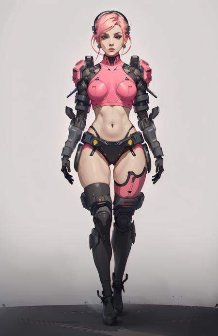 <lora:allymech:1> (xmech robot:1.4), cyborg bimbo, full length shot, tight skimpy tube top, bimbo, pink clothes, tiny mini skirt, thigh high socks, wide hips, hoop earrings, long eyelashes, Vector art, Vivid colors, Clean lines, Sharp edges, Minimalist, Precise geometry, Simplistic, Smooth curves, Bold outlines, Crisp shapes, Flat colors, Illustration art piece, High contrast shadows, Technical illustration, Graphic design, Vector graphics, High contrast, Precision artwork, Linear compositions, Scalable artwork, Digital art