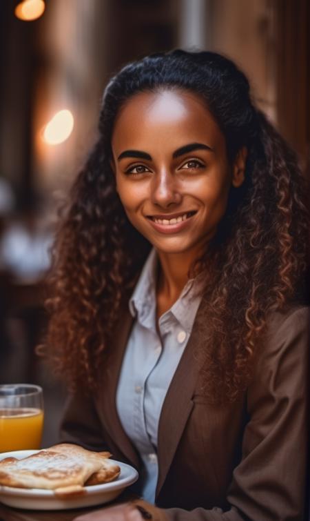 <lora:Gaia_Scodellaro_xl_lora-000021:1>woman  Realistic 8K portrait:  (brown skin) waitress, old italian village, outdoor cafe, narrow streets, bright brown eyes, wind-blown long hair, uniform; dramatic lighting, cinematic colors; hyper-above, hi detail, sharp focus, perfect lighting, awesome, dslr, 4k high quality. extra detail, extra sharp, magical, perfect moment, natural skin, pores