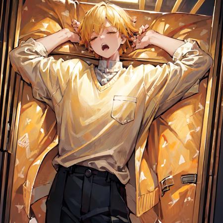 (((master piece))),((best quality)),((((park)))), detailed,1boy, standingn, yellow hair,white shirt,buttoned sweater,pants,closed eyes,yawn,tired,<lora:Zenitsu-06:0.9>, ultra detailed face