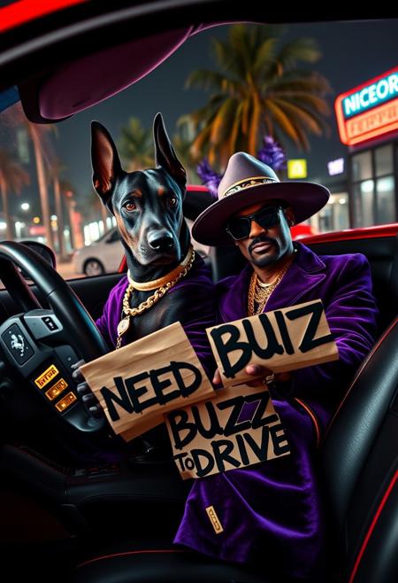 A fierce black Doberman with cropped ears, eyes sharp and intimidating, commands the driver’s seat of a flashy 80s red Ferrari, gripping the wheel with a deadly focus. Beside him, Snoop Dogg, decked out in full pimp style, lounges with effortless swagger. He’s rocking a purple velvet suit with gold trim, a wide-brimmed hat adorned with a feather, oversized gold chains, and flashy rings on every finger. His cane rests across his lap, and he casually holds a crumpled letter with bold, graffiti-style text that reads: "NEED BUZZ TO DRIVE." The Ferrari’s interior is lined with slick, black leather and aggressive red stitching, radiating luxury. Outside, a neon-lit Miami backdrop with swaying palm trees and gritty streets contrasts the car's polished exterior. The entire scene oozes photorealistic detail, dripping with a mix of high-end style, street cool, and edgy attitude.