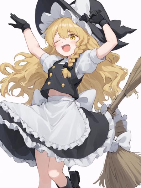 <lora:kirisame_marisa:1>,1girl, solo, kirisame_marisa, hat, long_hair, gloves, blonde_hair, witch_hat, short_sleeves, yellow_eyes, fingerless_gloves, bow, one_eye_closed, apron, braid, white_background, puffy_sleeves, simple_background, black_gloves, open_mouth, hair_bow, white_bow, puffy_short_sleeves, black_headwear, hat_bow, white_shirt, broom, shirt, single_braid, frills, smile, vest, holding, looking_at_viewer, black_vest, hair_between_eyes, black_footwear, bangs, white_apron, boots, arm_up, waist_apron, skirt, black_skirt, dress, feet_out_of_frame, black_bow, hand_on_headwear, ;d, black_dress, standing, fang