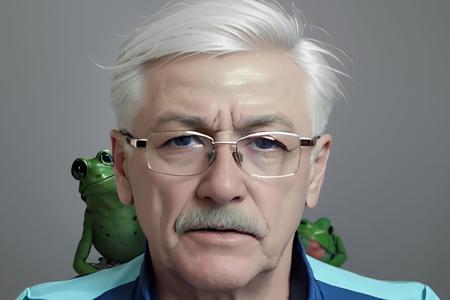 (best quality), masterpiece, an extremely delicate and beautiful, extremely detailed, CG, unity , 2k wallpaper, amazingly detail, light smile, extremely detailed CG unity 8k wallpaper, huge filesize, ultra-detailed, highres, soft light, (best shadow), statuesque man, old man, (((((man in frog costume:1.4, face))))), Mikhelev Vladimir, looking at viewer, glasses, ((((short hair)), white hair)),  <lora:mikhelev:0.8>, <lora:YoneymaMaiStyle:0.5>