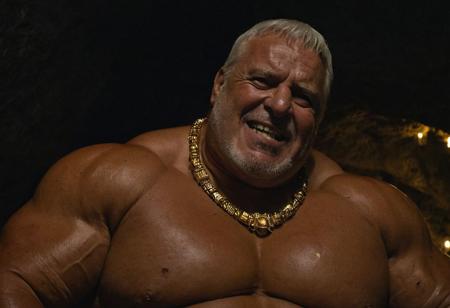 (photo, realistic, raw), (nighttime, at night, dark, dark hard shadows, cinematic atmosphere, movie grain, hazey atmosphere), closeup from below, (brute, barbarian, etherial, spiritual, emperor, king, god), old burly buff gentleman, old manly mature man, combed back hair,  doublechin, old tanned grandpa, wrinkly neck, proud big chest, thick neck, armpits, tanned skin, tight golden spandex, gold jewellery, gold necklace, in a dark ancient cave at night, nighttime,looking directly at viewer with a loving caring smile, leaning forward close to viewer, very close, intimite situation, romantic atmosphere, intimate lustful romantic expression, sad expression, belly and pecs from below