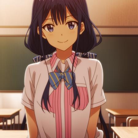 Aki,school uniform,solo,looking at viewer,smile,arm at side,classroom,upper body,