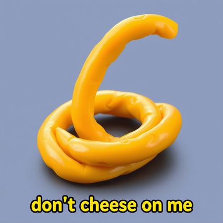 a very long cheese stick coiled up with the caption "don't cheese on me" undeneath in the style of snek