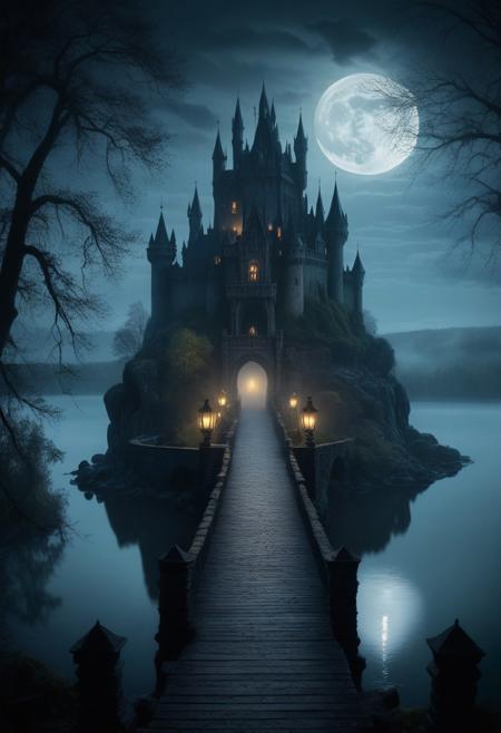 PEEpicLand, pov, looking over a foggy lake, an epic castle looming in the distance, full moon, standing on an elaborate (stone:1.2) bridge leading into the distance, lanterns, photography, photorealistic, cinematic shot, magic realism, dramatic, sharp, crisp, high contrast, (foggy:1.2), eerie, spooky, creepy, bleak, night, dark, gothic architecture, architectural landscapes, dynamic angle