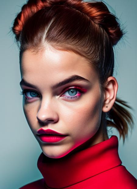 portrait of Barbara Palvin, furled brow , wearing sneakers , with red Half-up, half-down hairstyle , background winter epic (photo, studio lighting, hard light, sony a7, 50 mm, matte skin, pores, colors, hyperdetailed, hyperrealistic), <lyco:Barbara Palvin:1.1>