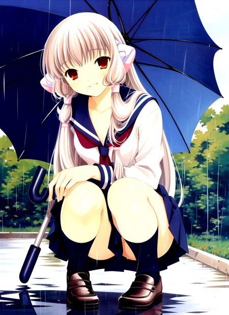 clamp \(circle\)<lora:clamp__circle__offset:1.2> chobits,  masterpiece, best quality, 1girl, alternate costume, blonde hair, hair tubes, long hair, rain, red eyes, robot ears, school uniform, serafuku, smile, socks, solo, squatting, umbrella, undone neck ribbon