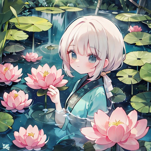 The woman's beauty can be enhanced by the reflection of the lotus flowers in the water