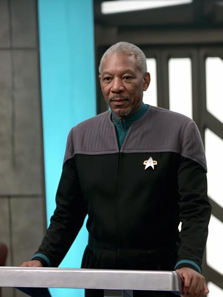 morgan freeman in black and grey ds9st uniform,teal collar,on a podium<lora:DS9XL:0.8>