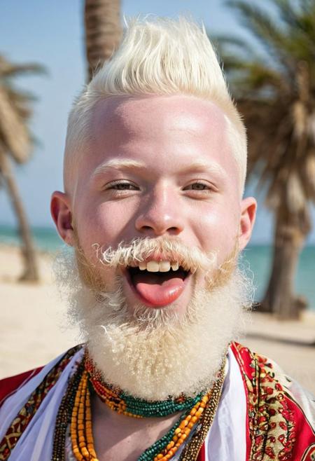Crazy Beard Day, albino African young adult man, with brown eyes, with crazy beard, weird and unusual beard style, traditional accessories or beard colors, funny face with tongue out, traditional Tanzanian clothes, portrait, hyper-realistic, action scene, comedy, on a beach from Tanzania, blurred background, [prompt created by Kico Toralles]