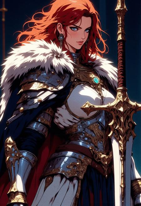 An elegant, red-haired female warrior with knee-length wavy hair and glowing clear green eyes. She wears a white medieval combat suit with black pants, paired with a black adventurer’s leather ensemble and shoulder armor. Her figure is athletic and toned, showcasing strong leg and arm muscles. She stands confidently, holding a fantasy melee weapon. Her detailed armor combines metal and fur, exuding nobility and strength, with intricate ornaments and a shoulder cape. The scene features cinematic lighting, with ultra-detailed skin and eyes that reflect both beauty and power.