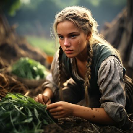 farmer, 1girl, solo, long hair, looking at viewer, blonde hair, braid, outdoors, day, blurry, depth of field, blurry background, freckles, realistic, dirty, dirty face