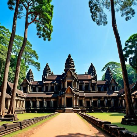 Very beautiful a Angkor Wat, Cambodge , temple site, sunny blue sky background and large dense forest. Very realistic photography.