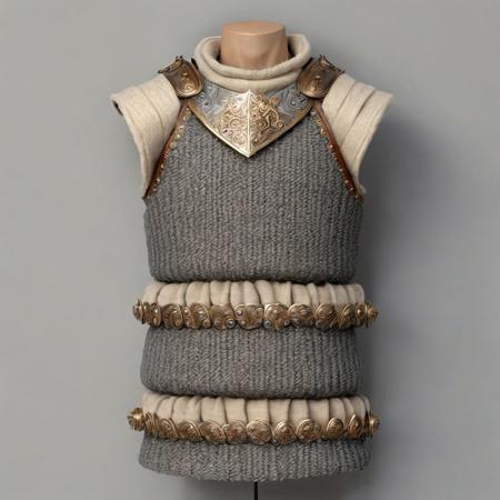 hyper-realistic, Realism, HDR, detailed, warior style armor covered in gray wool (beige cotton ), simple gray background