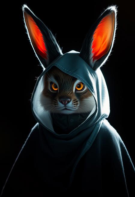 source furry, feral, furry, Judy Hopps, mouse ears, cape, partially illuminated, dark, twilight, fine details, dramatic lighting, lens flare, magical, veil, ethereal, rim lighting, cyberpunk, cloak, hood, nomad, black background