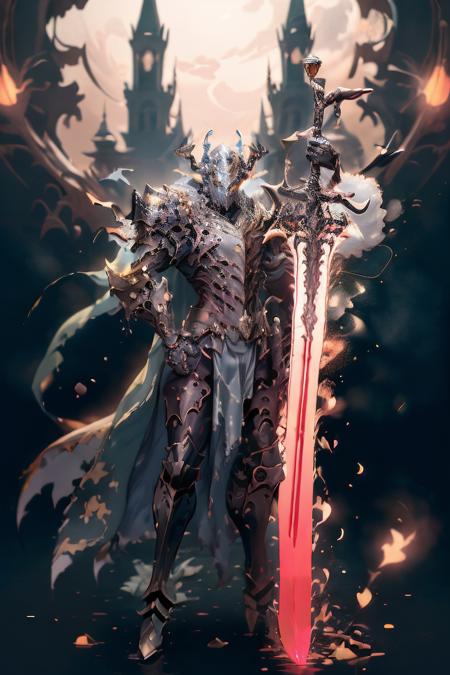 (masterpiece, top quality, best quality, official art, beautiful and aesthetic:1.2),(8k, best quality, masterpiece:1.2),CGDivineSwordsw, weapon, armor, sword, 1boy, solo, holding, male focus, holding weapon, holding sword, glowing, helmet, cape, shoulder armor, torn cape, greaves, torn, torn clothes, standing, gauntlets, pauldrons, blood, glowing weapon, breastplate, full armor, glowing eyes, full body, glowing sword, (epic glow:1.4), <lora:CGDivineSwordsw_20230611172159:1>